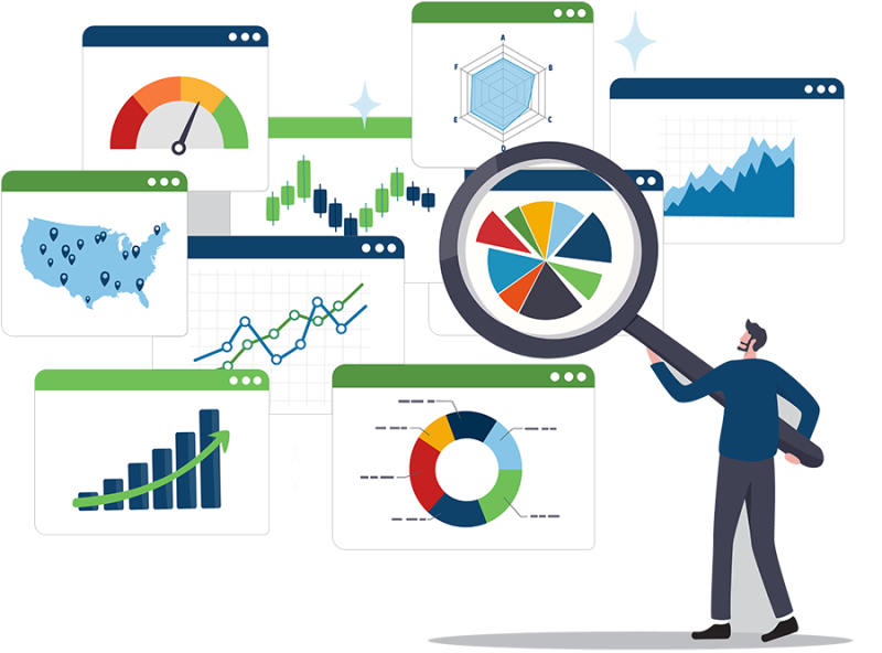 FDD Consultant Illustration of Man Placing Magnifying Glass Over Financial Charts