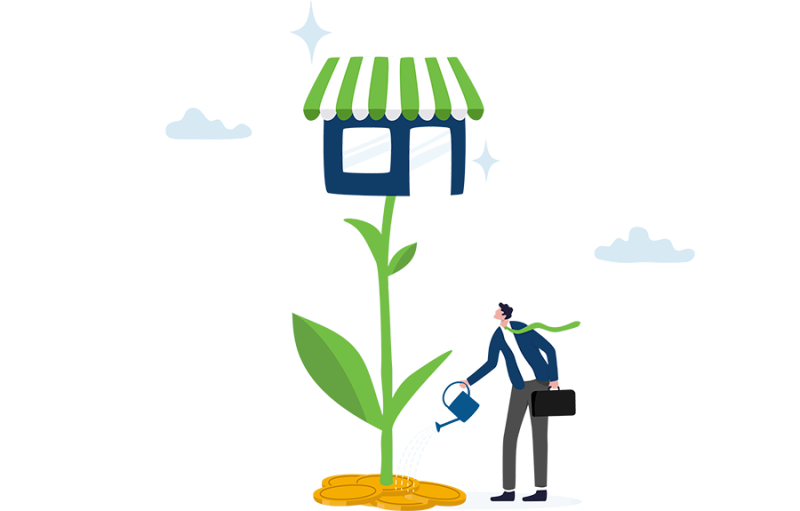 Franchise Financial Statements Illustration of Man Watering a Plant with a Business on Top as the Flower