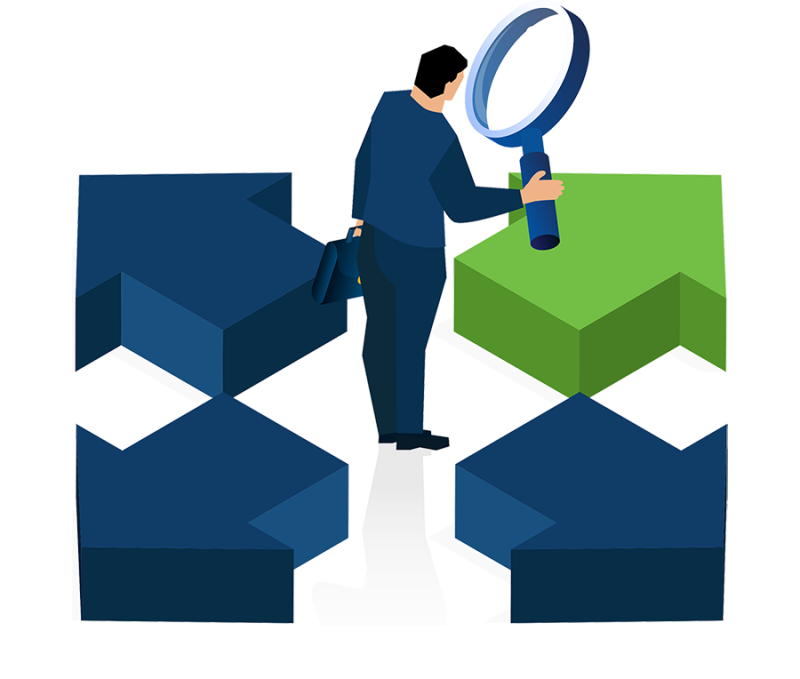 Franchise Legal Services Man Reviewing a Green Arrow With a Magnifying Glass