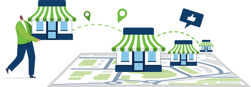 Franchise Management Systems Illustration of Man Adding a Franchise Location to a Map