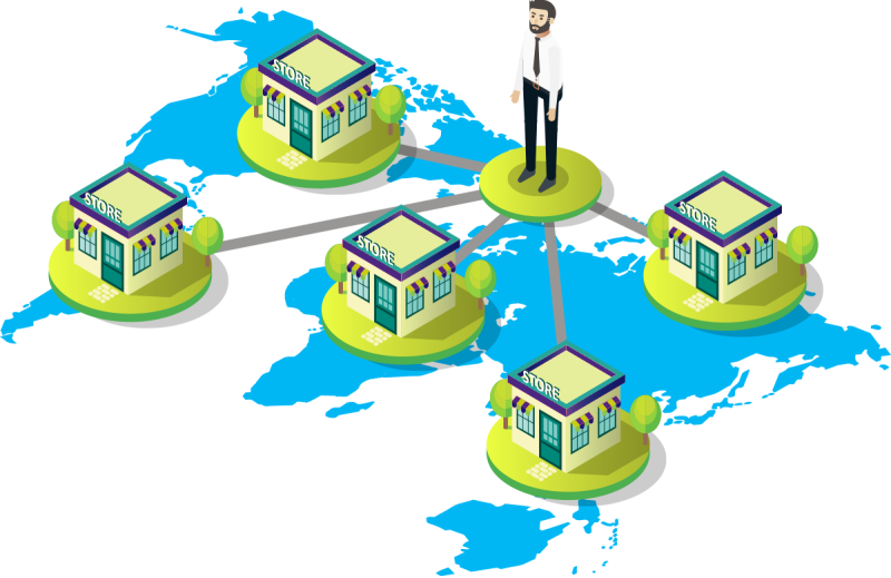 Franchising Illustration over the World Map with Man Standing in the Top Center - FranSource